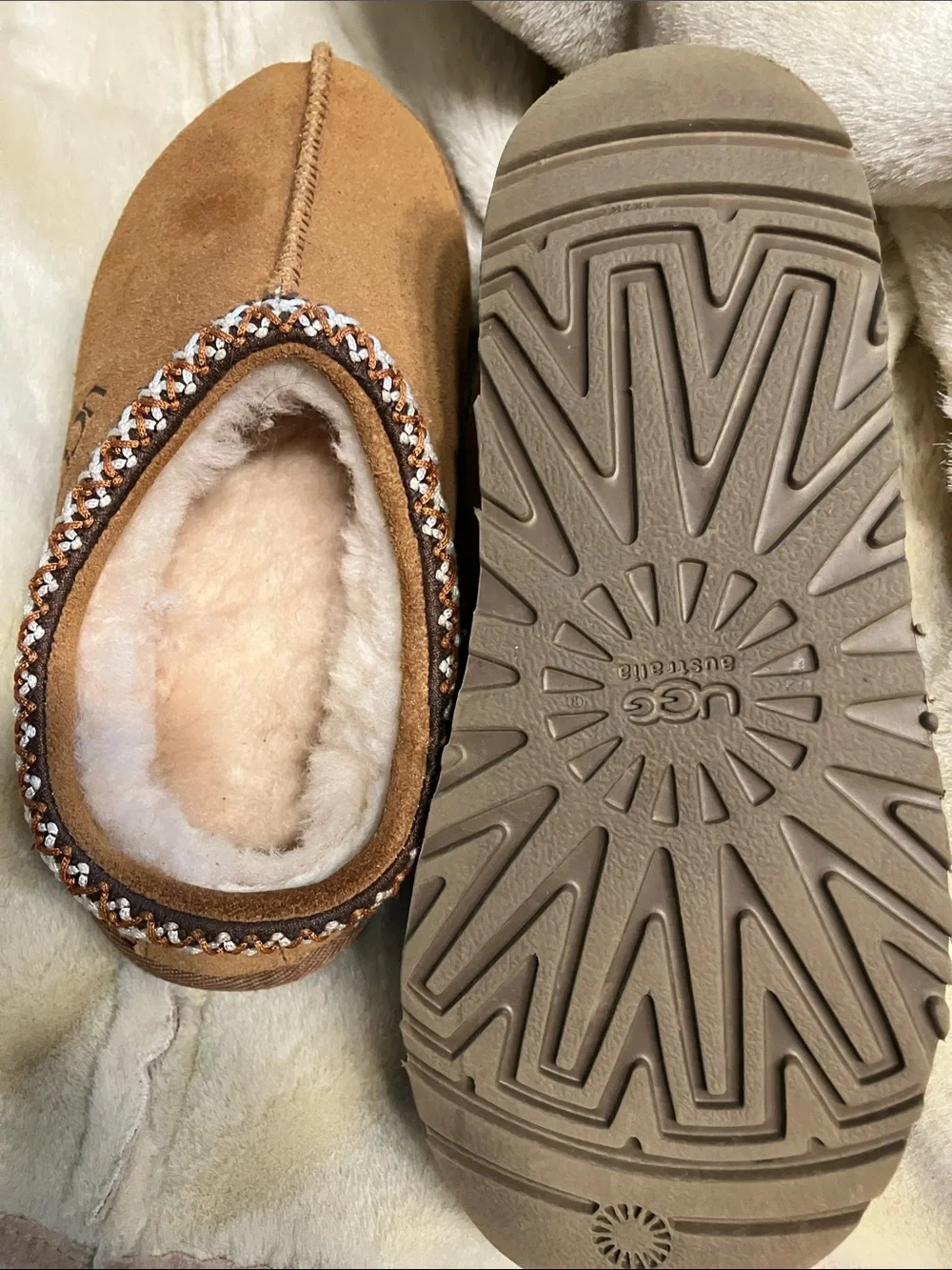UGG Kids Chestnut Suede Sheepskin Lined Slip-On Slippers with Braided Trim